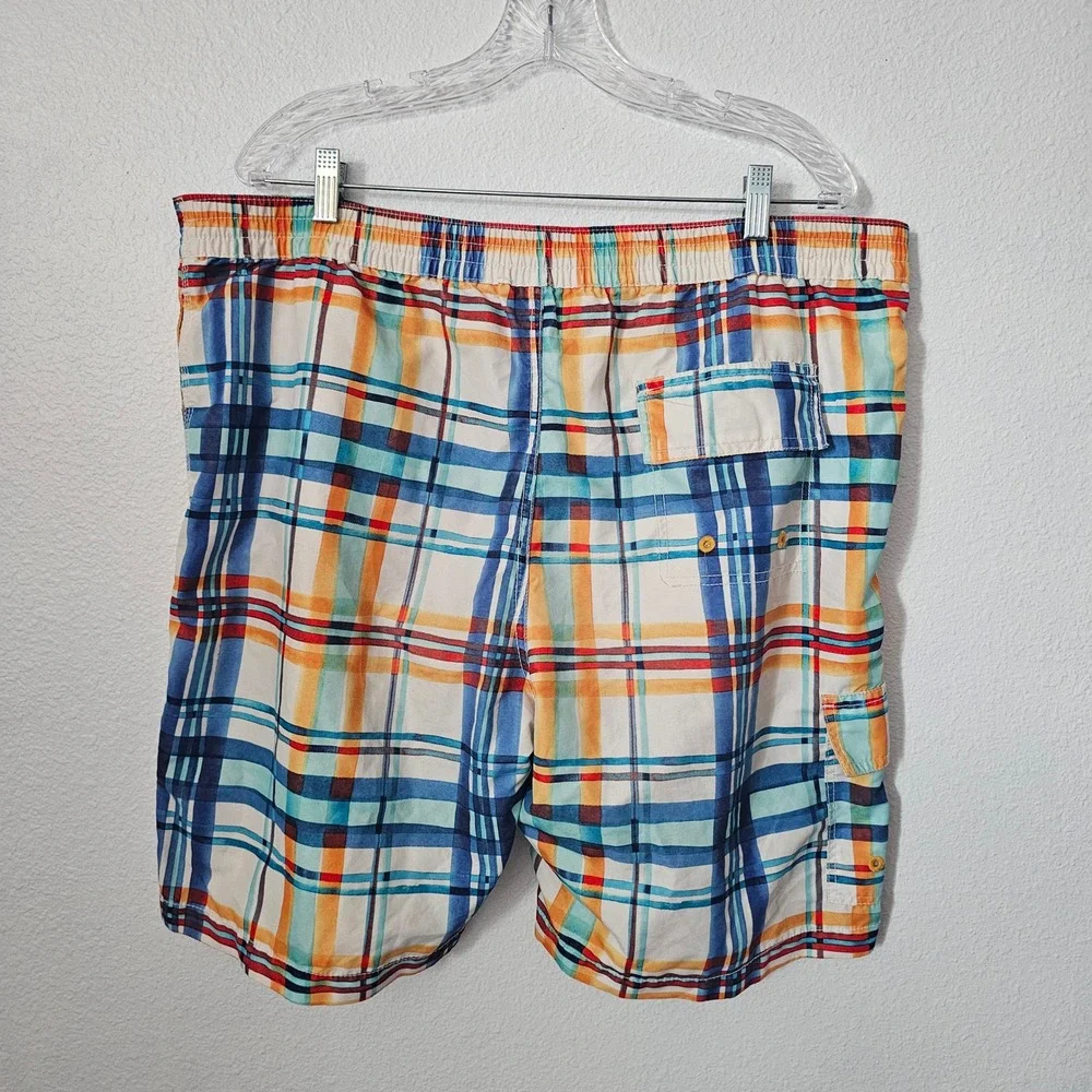 Tommy Bahama Relax Mens XL Plaid Swim Trunks Blue Orange Board Shorts Mesh Liner